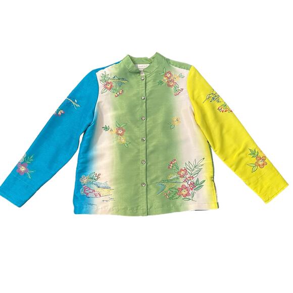 Marsh Landing green, blue, yellow & white floral embroidered button down top, M - Picture 14 of 14